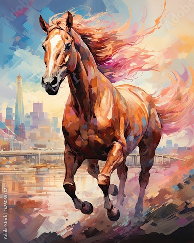 In front of a cityscape  a horse with turned head paints.  Generative AI 
