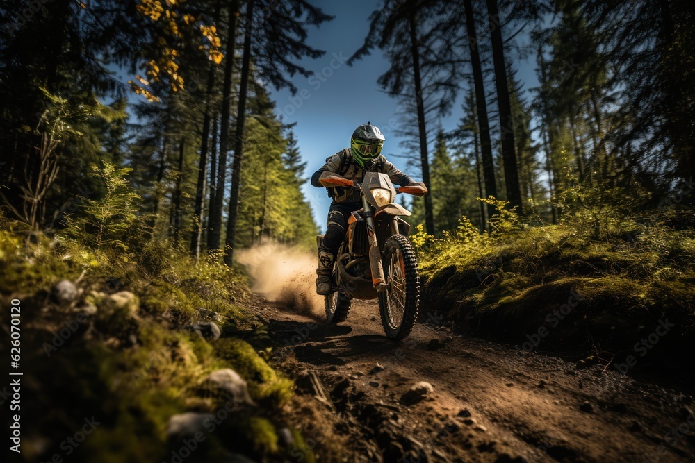 Rider on a cross-country enduro motorcycle go fast in wet forest. Enduro racing driver take a corner with a splashes of dirt and water. Drift. Made With Generative AI.