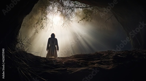 resurrection of jesus - catholic symbol - easter holiday - christianity religious event - man standing in the exit of a cave with a bright backlight contrasting the dark cave - generative ai