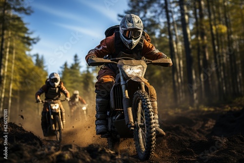 Motorcyclist on the competition at motorcycle race. Rider on a cross-country enduro motorcycle go fast in wet forest. Drift. Made With Generative AI.