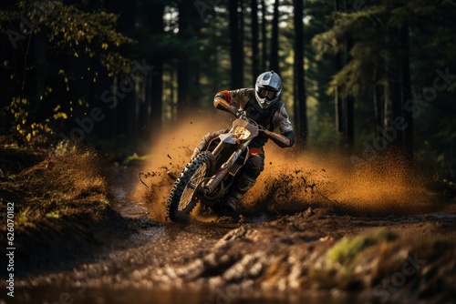 Rider on a cross-country enduro motorcycle go fast in wet forest. Enduro racing driver take a corner with a splashes of dirt and water. Drift. Made With Generative AI.