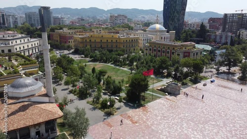 Aerial Drone View of Tirana City Center: Skanderbeg Plaza and Et'hem Bey Mosque in 4K