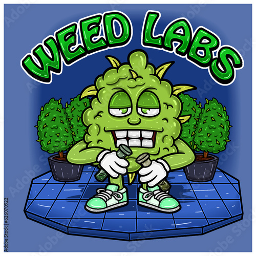 Weed Bud With Bongs In Floor Characters Cartoon. For Mascot Logo, Tshirt Design, Business, Cover, Label and Packaging Product.