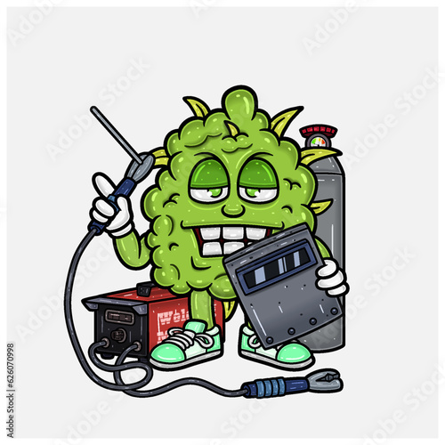 Weedbud Holding Weld Machine Character Cartoon. For Mascot Logo, Tshirt Design, Business, Cover, Label and Packaging Product.