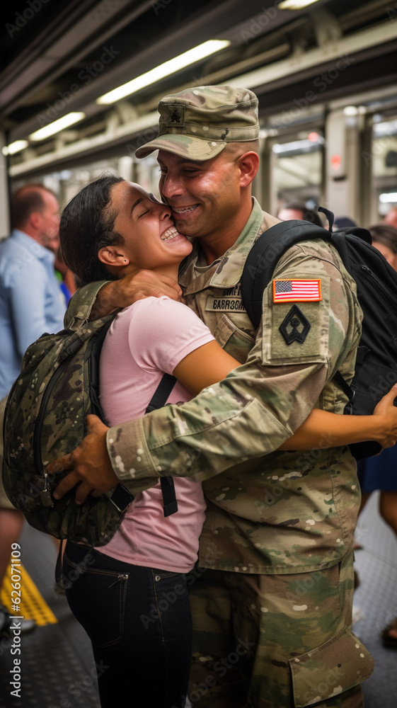 Fototapeta premium a soldier returning home surprising his family with hugs and tears of joy
