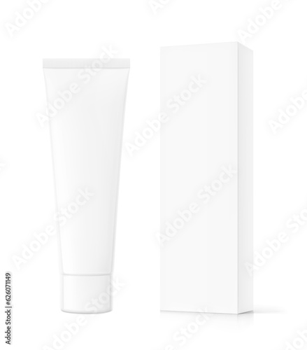 Tube with box set. Can be used for cosmetic, medical, gels, creams, shampoo and pastes. Vector illustration isolated on white background. Taking your flat design into 3D. EPS10.