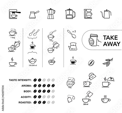 Set of methods of brewing tea and coffee. Preparation instructions. Vector elements for infographics. Set of sign for detailed guideline. Ready for your design.	 photo