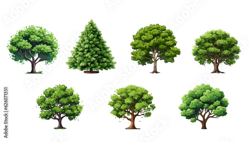 Collection cartoon Trees Isolated on White Background. Vector flat set illustration agricultural garden and nature park plant. Flat forest flora