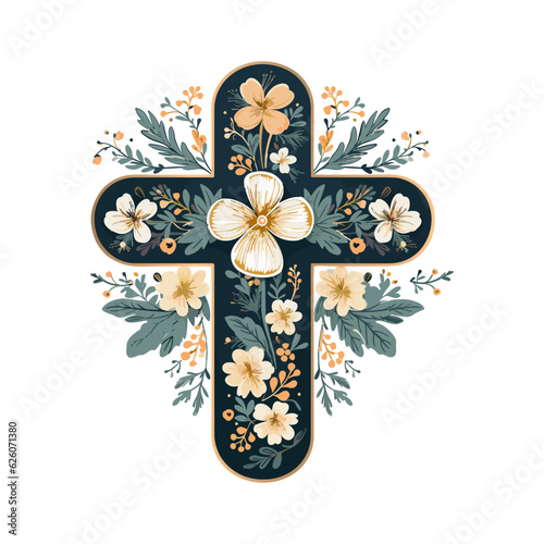 Watercolour flower cross. Graphic Easter Cross Clipart, Spring Floral Arrangements, Baptism Crosses DIY Invitation. Vector illustration EPS10
