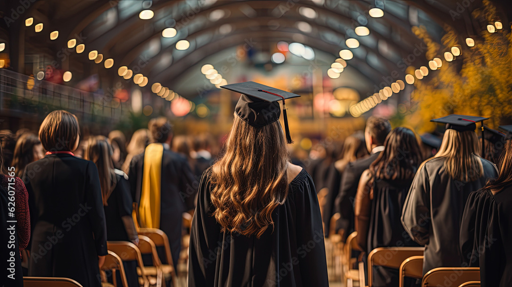 Young woman stands with his back, graduation celebration. Concept education congratulation. Graduation Ceremony ,Congratulated the graduates in University. 