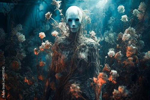 Scary ghost in night flower garden. Halloween concept. 