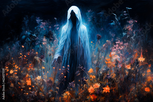 Scary ghost in night flower garden. Halloween concept. 