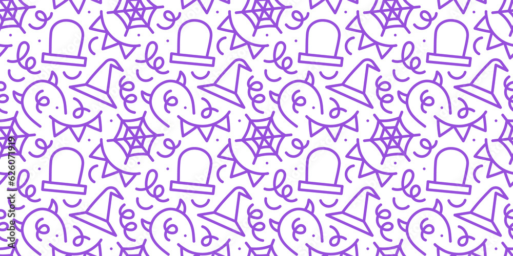 Colorful halloween party seamless pattern. Funny cartoon line doodle background illustration of scary autumn celebration decoration and childish shapes.
Colorful halloween party seamless pattern. Funny cartoon line doodle background illustration of scary autumn celebration decoration and childish shapes.