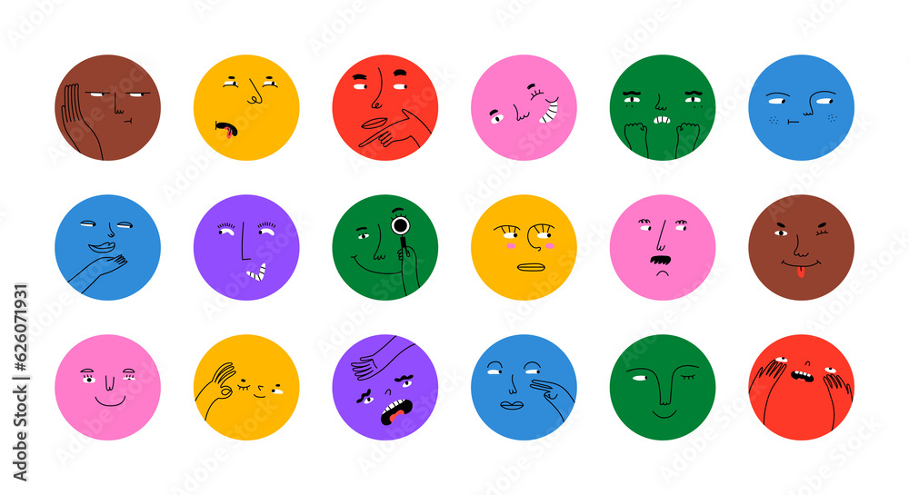 Diverse people face doing funny mood expression and emotion. Colorful avatar design set, modern flat cartoon character collection in simple doodle art style for psychology concept or social reaction.	 - obrazy, fototapety, plakaty 