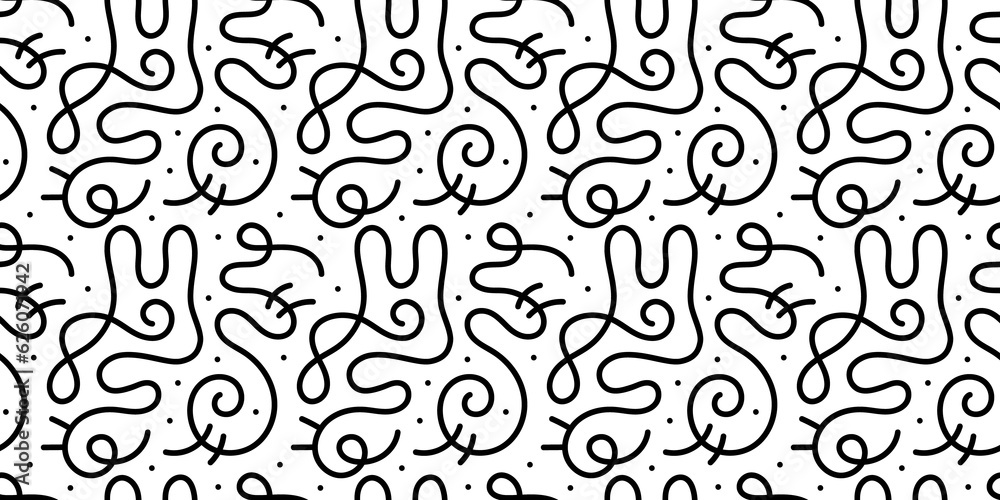 Fun black and white line doodle seamless pattern. Creative abstract squiggle style drawing background for children or trendy design with basic shapes. Simple childish scribble wallpaper print.	
