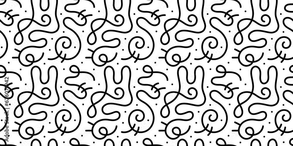 Fun black and white line doodle seamless pattern. Creative abstract squiggle style drawing background for children or trendy design with basic shapes. Simple childish scribble wallpaper print.
Fun black and white line doodle seamless pattern. Creative abstract squiggle style drawing background for children or trendy design with basic shapes. Simple childish scribble wallpaper print.
