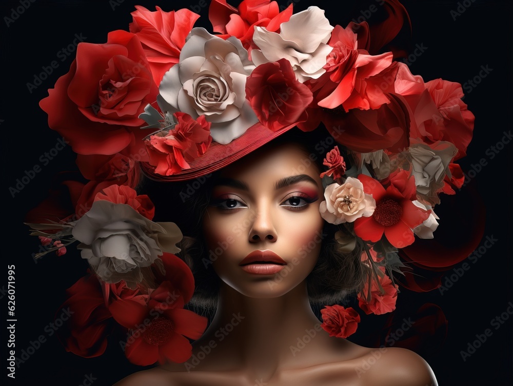 woman in a hat with roses in background