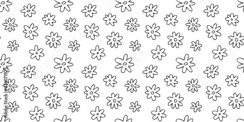 Fototapeta Naklejka Na Ścianę i Meble -  Black and white floral seamless pattern . Vintage 70s style hippie flower background design. Y2k nature backdrop with daisy flowers.