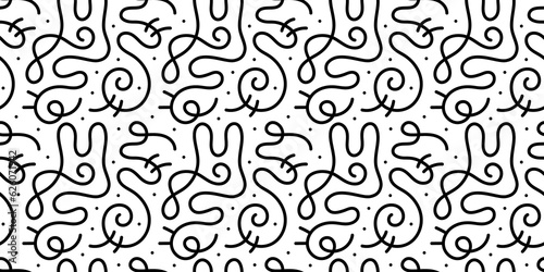 Fun black and white line doodle seamless pattern. Creative abstract squiggle style drawing background for children or trendy design with basic shapes. Simple childish scribble wallpaper print.  