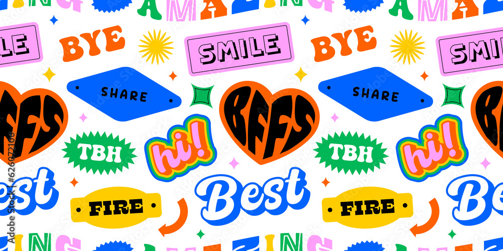 Funny retro text quote sticker seamless pattern. Colorful vintage style typography sign background. Fun repeat texture print with slang lettering, comic word icon. - obrazy, fototapety, plakaty 
