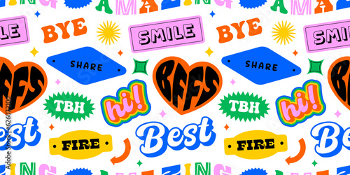 Funny retro text quote sticker seamless pattern. Colorful vintage style typography sign background. Fun repeat texture print with slang lettering, comic word icon. photo