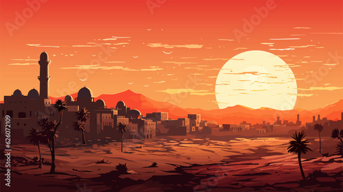 Arabian cityscape. Sunset town scenery. Old arabian cityscape. Horizontal illustration of big arab city at sunset. Vector illustration EPS10