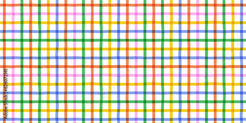 Fototapeta Naklejka Na Ścianę i Meble -  Colorful geometric square grid line seamless pattern. Retro rainbow gingham style background. Abstract tartan fabric  illustration.
