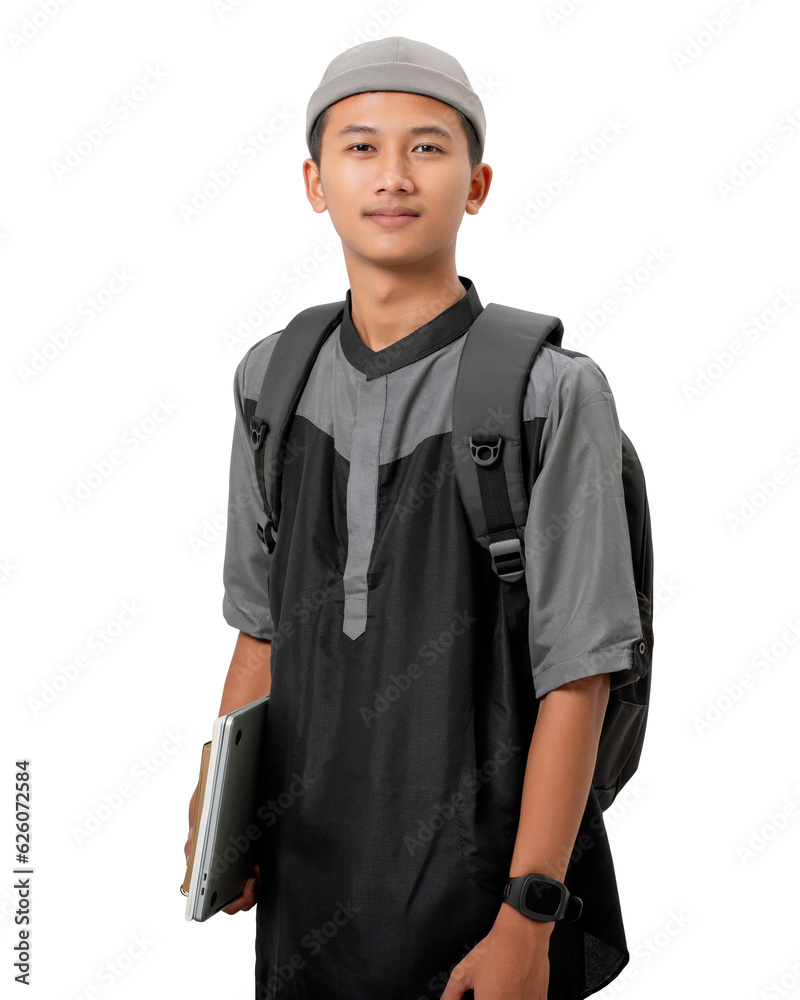 Portrait of smiling asian muslim college student with books and backpack isolated on white background. ready to school concept. Portrait of smiling asian muslim college student with books and backpack isolated on white background. ready to school concept.
