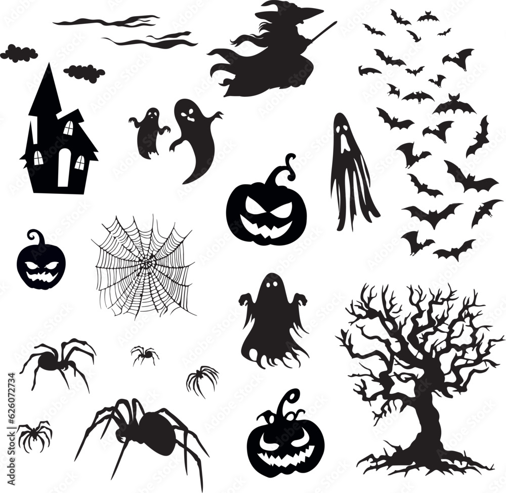 Halloween silhouettes vector set isolated on white background.