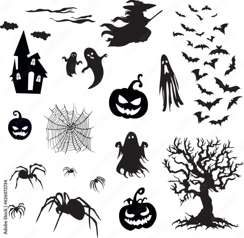 Fototapeta premium Halloween silhouettes vector set isolated on white background.
