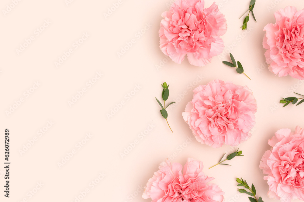Pink carnation flowers and eucalyptus branches on a beige background.