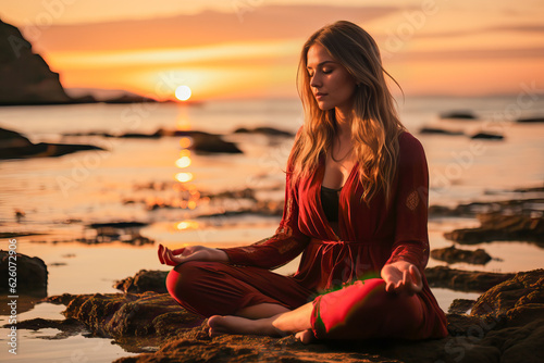 A woman in a red outfit meditating peacefully on a beautiful beach