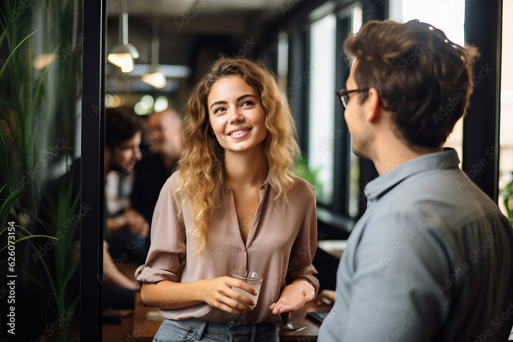 A conversation between a woman and a man in a professional office setting A conversation between a woman and a man in a professional office setting