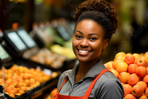 A fruit seller black woman admiring a vibrant display of oranges photo