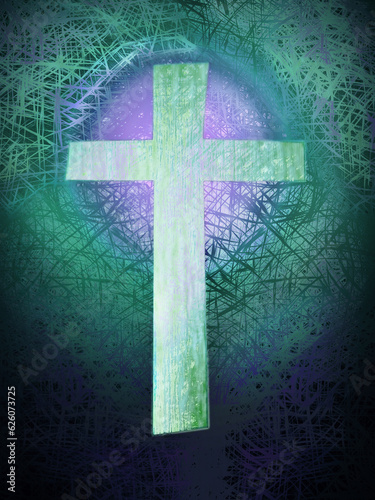 cross graphic with green, purple and blue lines