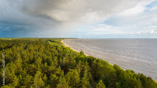 Aerial view of a natural shoreline and sand beach at the coast in Estonia