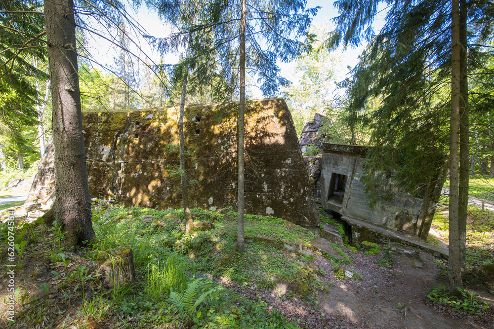 Ketrzyn, Gierloz, Poland - May 31, 2023: Destroyed bunker complex in a forest in Poland as part of Adolf Hitler's former command bunker complex Wolfsschanze