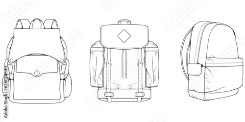 Hand drawn Vector Set of Backpacks. Cartoon Casual Backpack, cool backpack sketch . Backpacks Vector illustration.