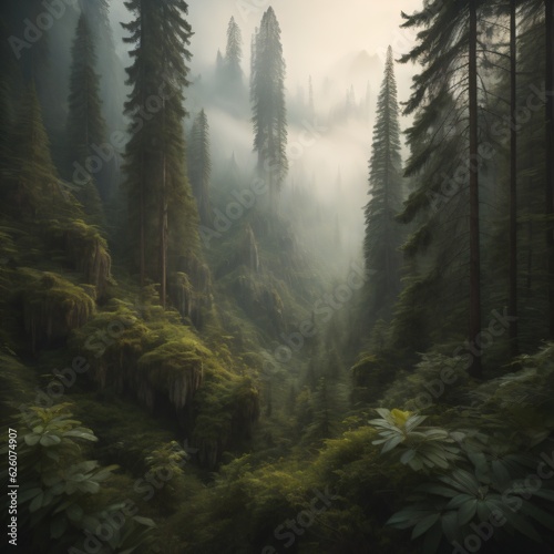 Foggy forest with tall trees and coniferous trees.