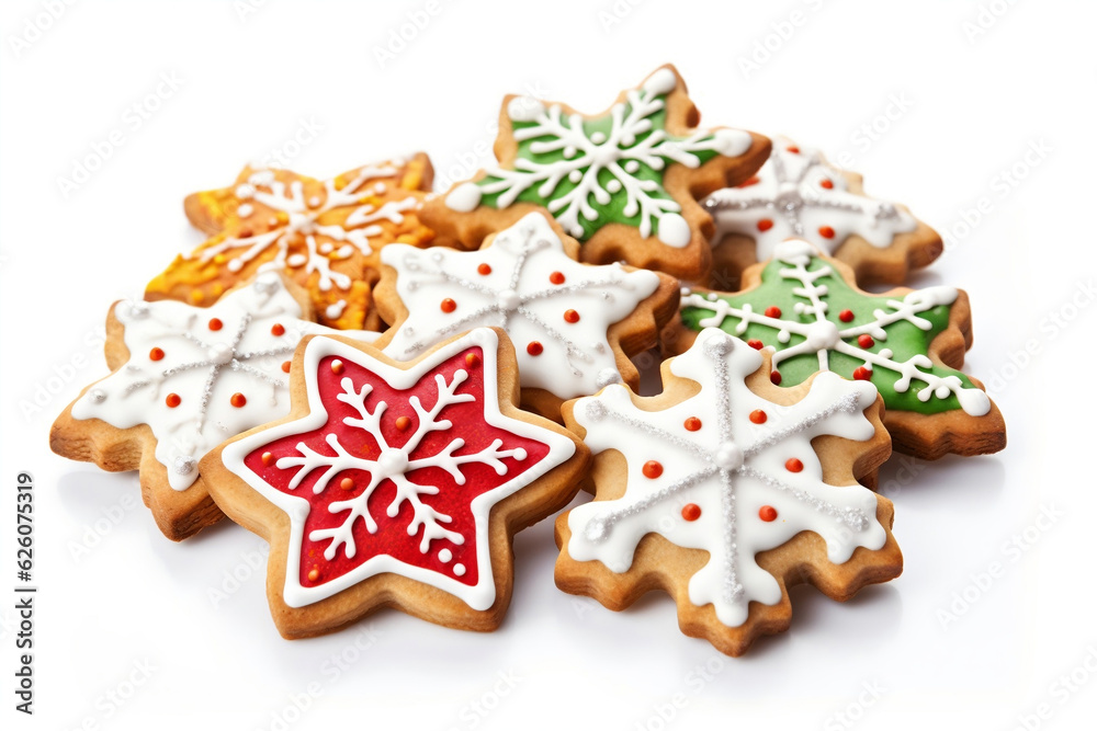 Christmas gingerbread on the white background. Horizontal top view background. High quality photo. Generative AI. Christmas gingerbread on the white background. Horizontal top view background. High quality photo. Generative AI.