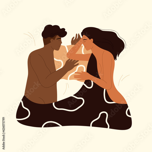 Love couple sleeping after sex in bed together. Man and woman lying after intimacy. Sexual and romantic relationships concept. Vector illustration in cartoon style. Isolated white background.