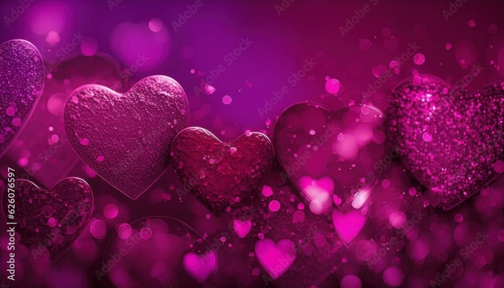 purple magenta hearts confetti glitter bokeh  background, blurry magical effect postcard, generative, ai