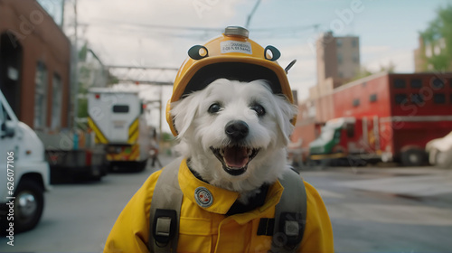 white rescue firefighter dog wearing yellow overalls and helmet, Generative AI