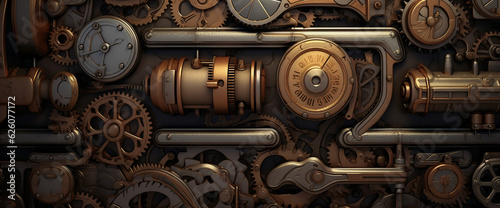 Steampunk intricate clockwork mechanism background. Generative AI photo