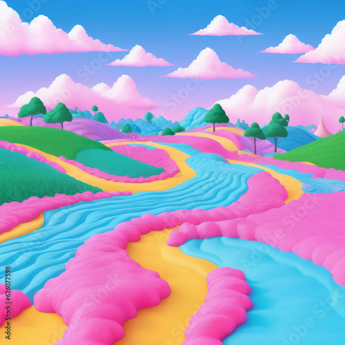 Dreamy clouds, pastel colors, and candy-inspired shapes form a candy land landscape. Soft, sugary hues and shapes bring a sense of comfort and joy. Colorful, whimsical, fantasy concept. photo