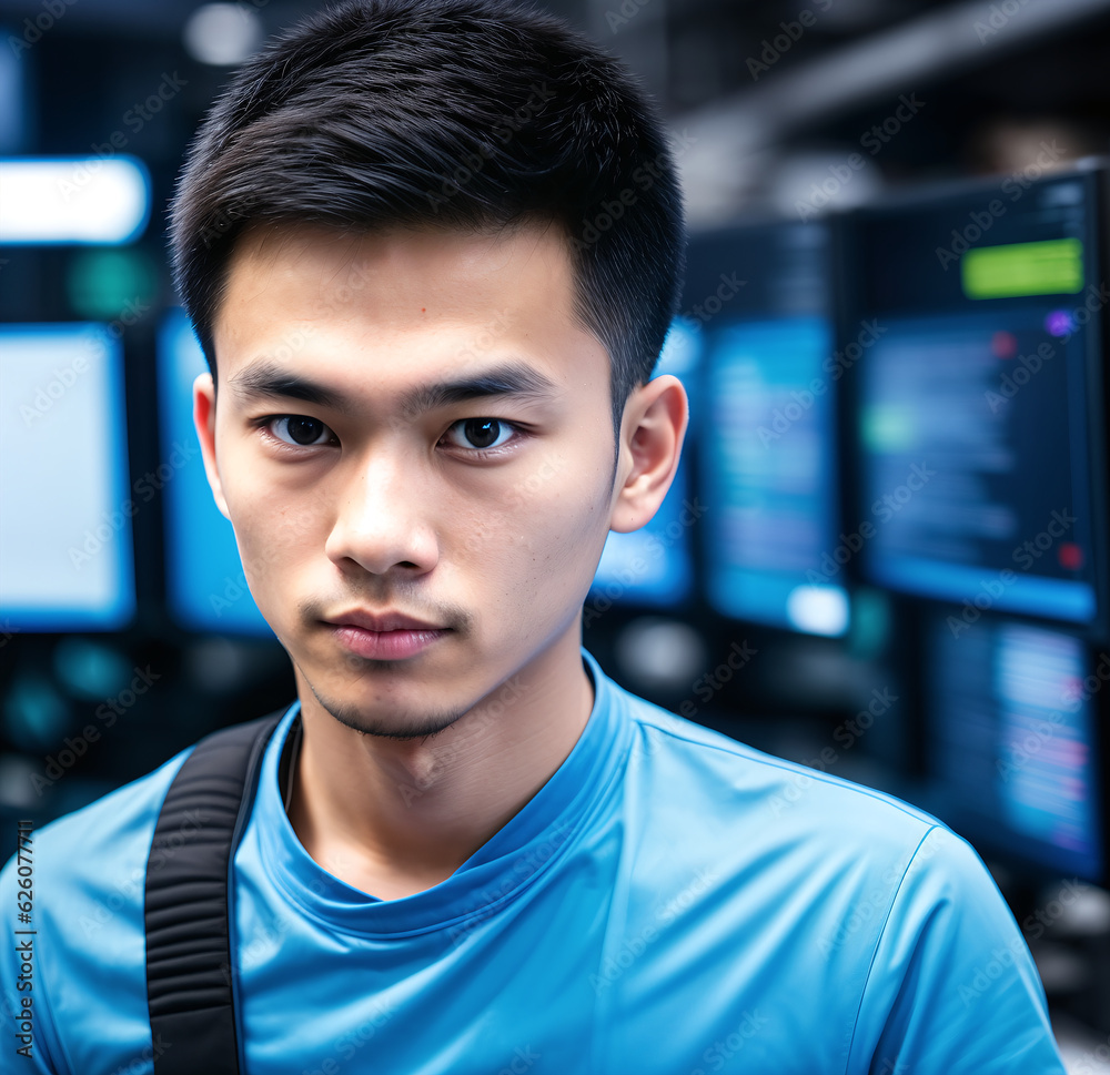Asian software developer man in a room of illuminated monitors. Intelligence, progress, productivity concept.