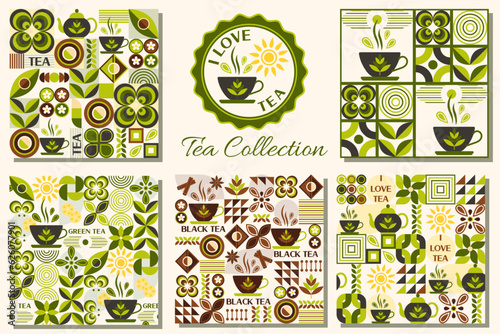 Set of tea themed patterns with icons, design elements in simple geometric style. Seamless background with abstract shapes. Good for branding, decoration of food package, cover design, textile prints