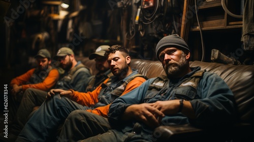 several employees of a workshop resting at night  labor day