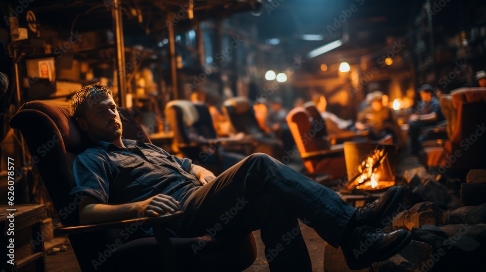 several employees of a workshop resting at night, labor day several employees of a workshop resting at night, labor day
