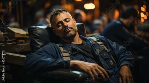 worker rested on labor day in an armchair with his colleagues